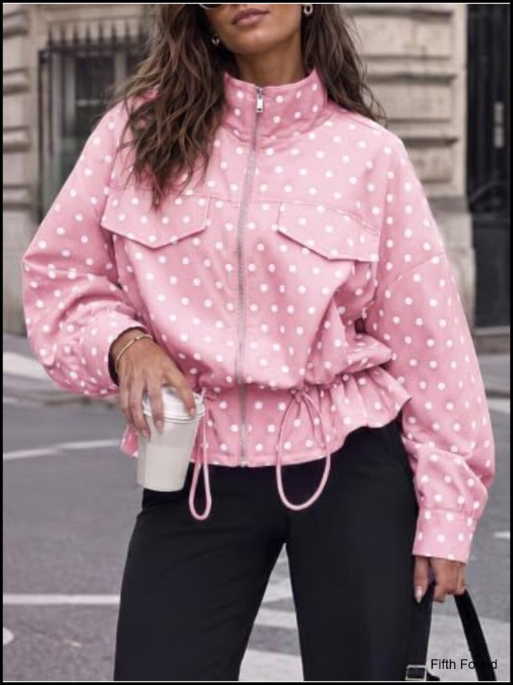 Zip Up Casual Jacket Polka Dot Drawstring Oversized Long Sleeve Fall Coat - Picture 2 of 5